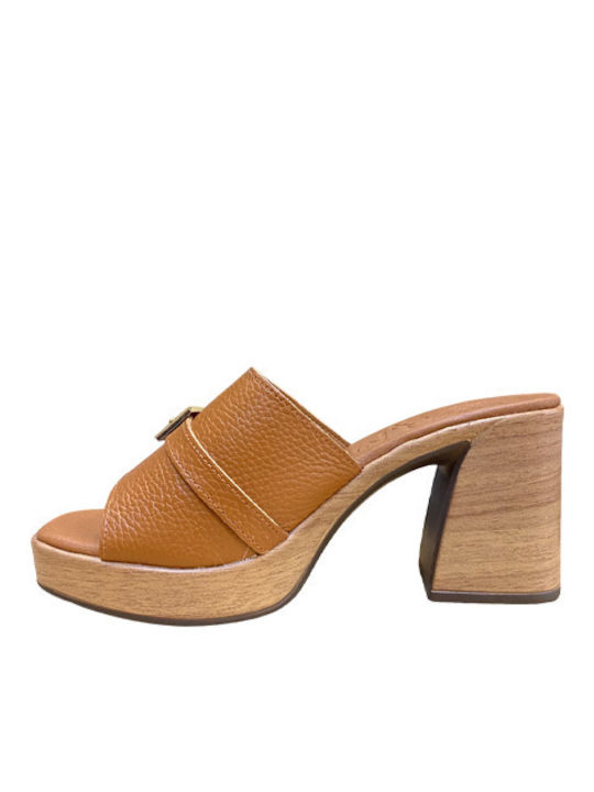 Leather Mules with Chunky High Heel in Tabac Brown Color