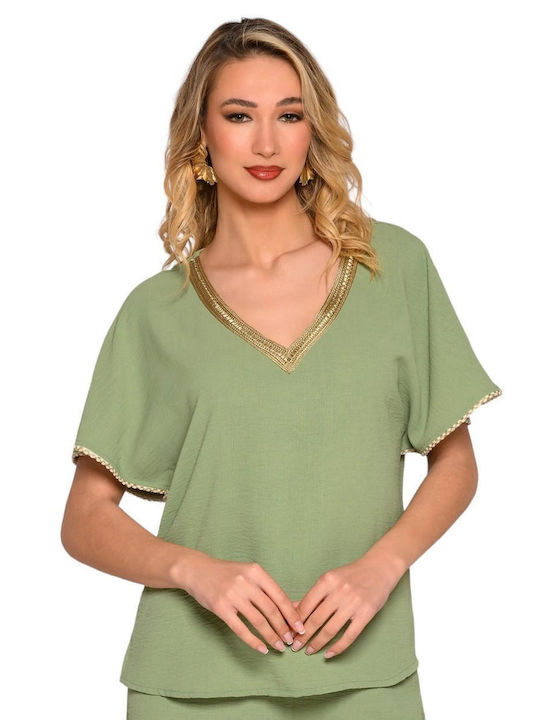 Derpouli Women's Pullover with V Neck Green