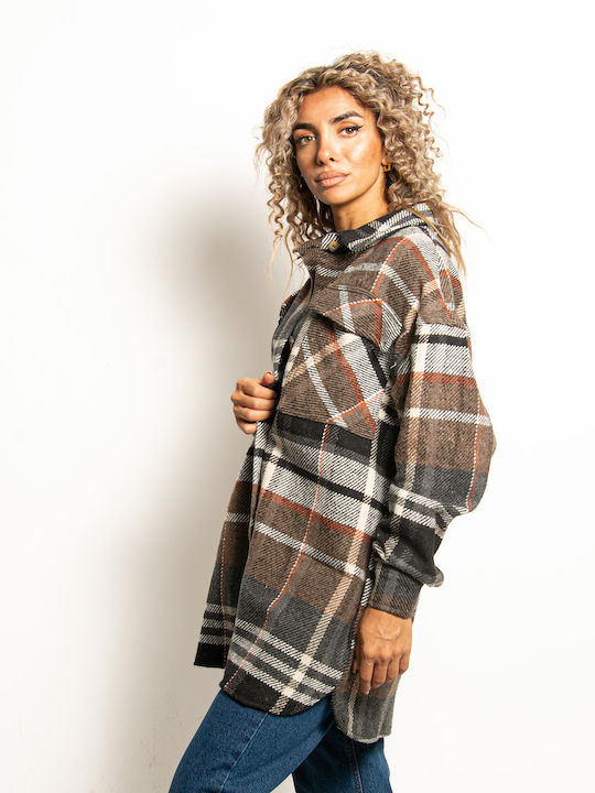 Oversized Cargo Plaid Brown Coat