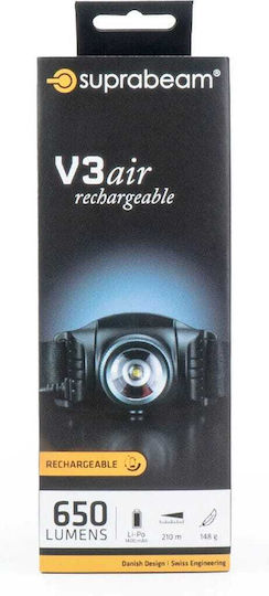 Suprabeam Rechargeable Headlamp LED IPX4 with Maximum Brightness 650lm Gray