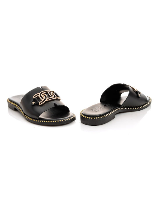 Lady Leather Women's Flat Sandals in Black Color