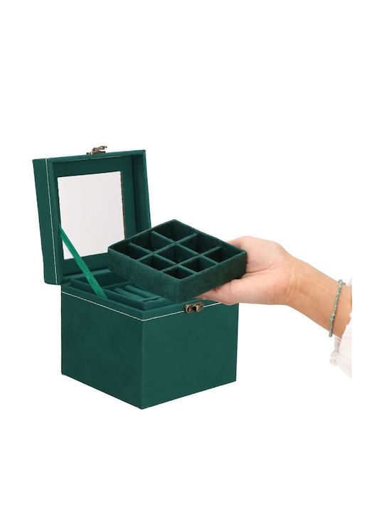 Jewelry Box Velvet Green Mirror 12x12x12 Cm Springos
