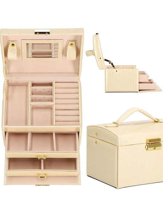 Jewelry Box Mdf Eco Leather Velvet Cream Pink Mirror 17.5x14x12.5 Cm Springos