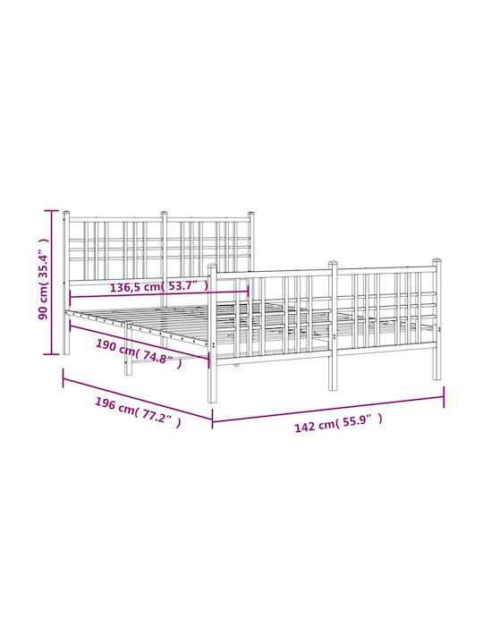 Double Metal Bed White with Slats for Mattress 137x190cm