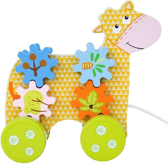 Jucărie interactivă Zola, model girafă din lemn, cu tragere, multicoloră, 18x7.5x14.5 cm