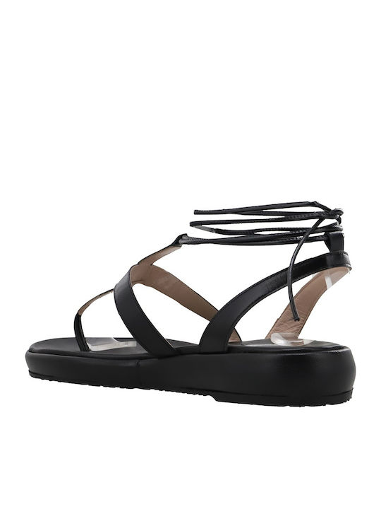 Leather Women's Flat Sandals in Black Color