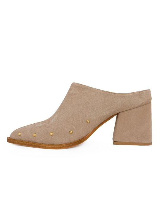 Iathens Suede Mules με Τακούνι σε Μπεζ Χρώμα