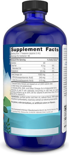 Nordic Naturals Arctic Cod Liver Oil Μουρουνέλαιο 1060mg 473ml Πορτοκάλι