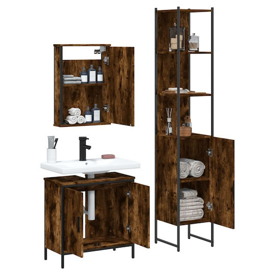 vidaXL Waschtisch mit Waschbecken, Spiegel & Säule L42xB12xH60cm Smoky Oak