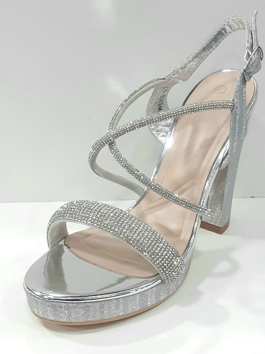 Alta Moda Anatomic Platform Women's Sandals with Strass Silver with High Heel