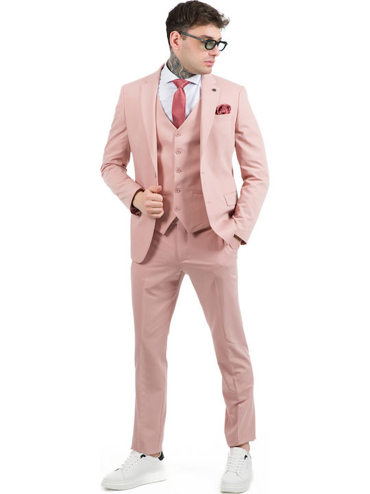 Men's Suit with Vest Pink