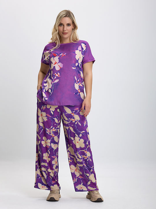 Luisa Viola Damen Stoff Palazzo-Hose mit Gummizug Blumen Lila