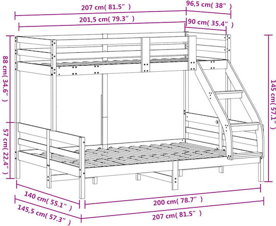 Kids Bed Bunk Semi Double White for Mattress 140x200cm