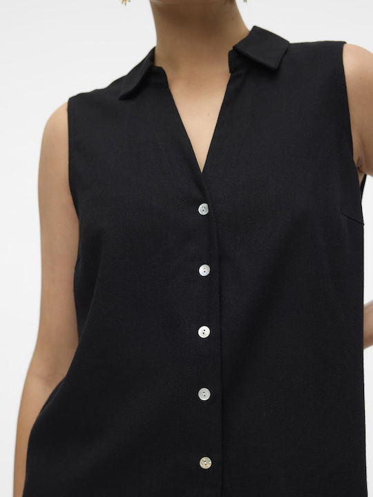 Ärmellos Damen Leinen Hemd Black