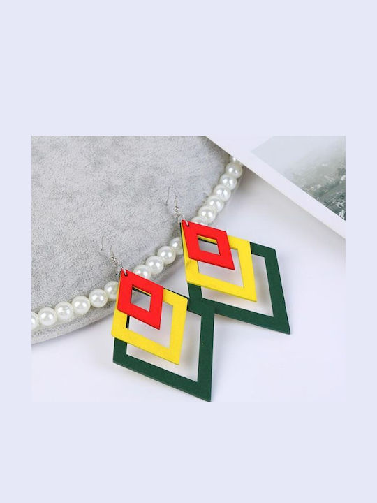 Earrings Geometric Shape Made Wood 3 Diamonds Yellow 11 X 6 Cm