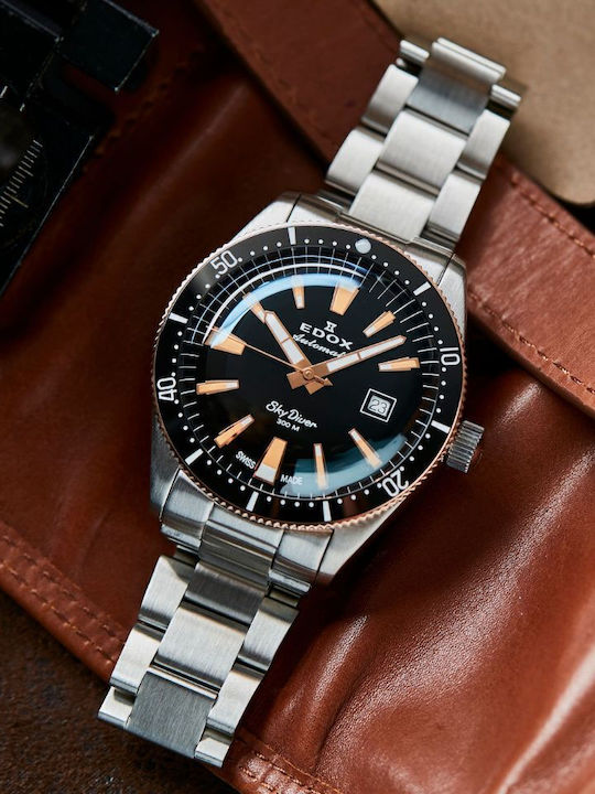 Edox Ανδρικό Ρολόι 42mm Αυτόματο με Γκρι Μεταλλικό Μπρασελέ