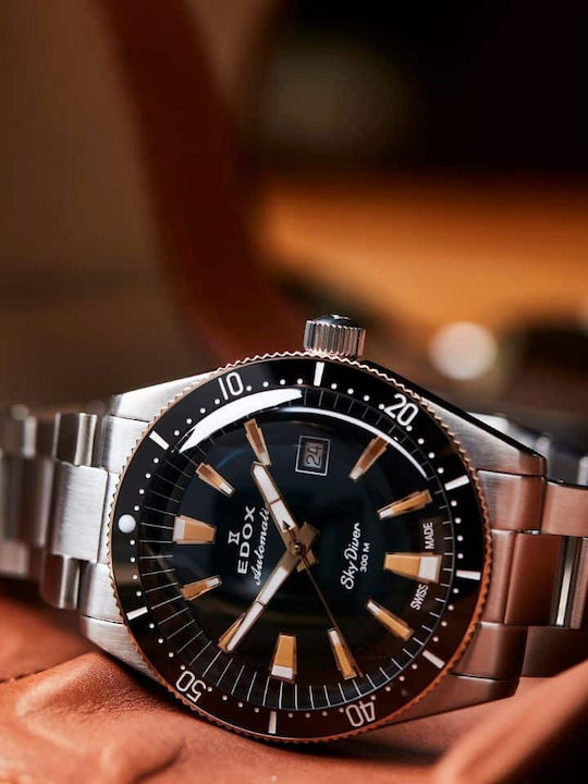 Edox Ανδρικό Ρολόι 42mm Αυτόματο με Γκρι Μεταλλικό Μπρασελέ