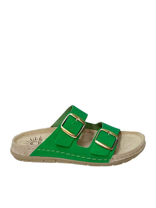 Leather Women's Flat Sandals in Green Color