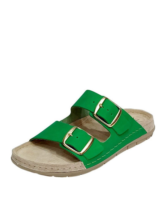 Leather Women's Flat Sandals in Green Color