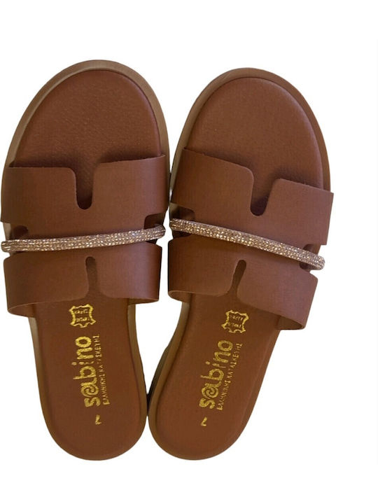 Leather Women's Flat Sandals Anatomic in Tabac Brown Color