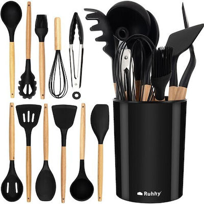 Ruhhy Silicone Cooking Utensil Set with Base Black 11pcs