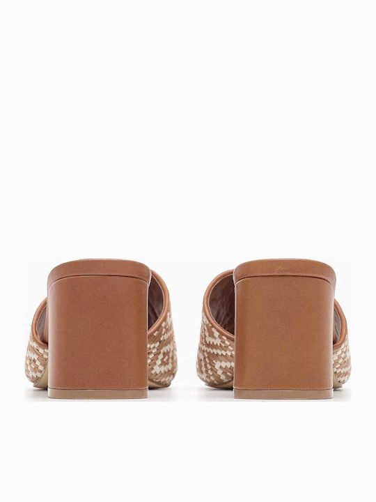 Gables3 Leather Mules with Chunky High Heel in Tabac Brown Color
