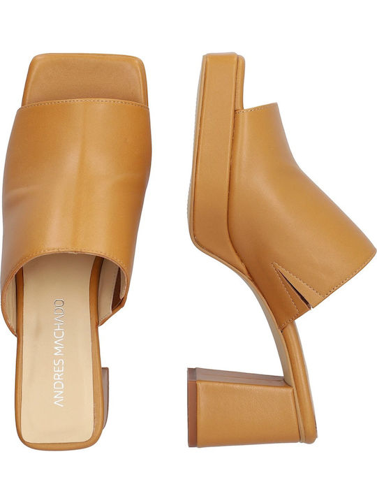 Leather Mules with Chunky High Heel in Brown Color