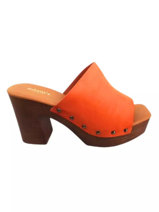 Adam's Shoes Mules με Χοντρό Τακούνι σε Πορτοκαλί Χρώμα