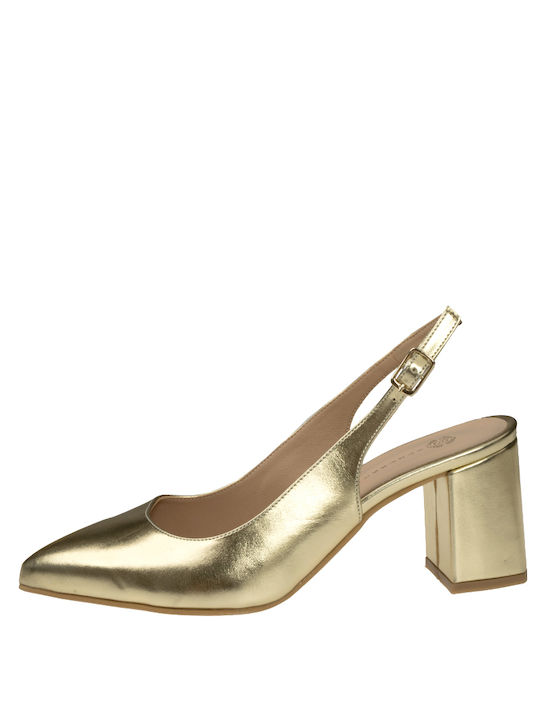 Stefania Synthetic Leather Gold Medium Heels with Strap