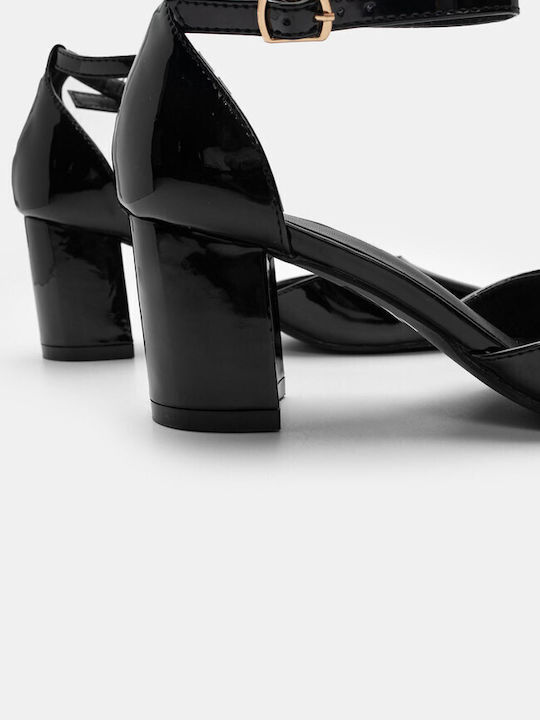 Luigi Patent Leather Pointed Toe Black Medium Heels with Strap