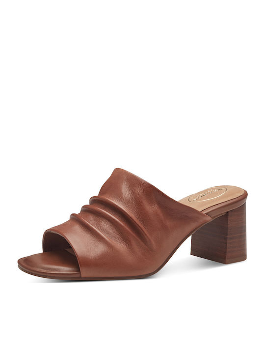 Leather Mules with Chunky Low Heel in Tabac Brown Color