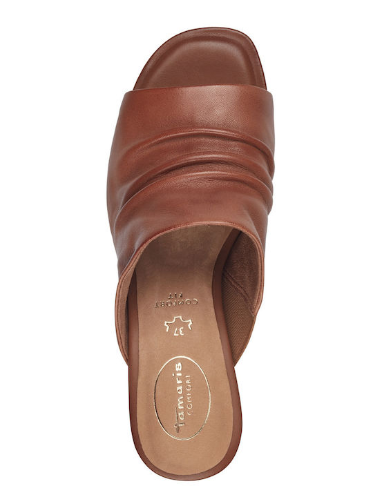 Leather Mules with Chunky Low Heel in Tabac Brown Color