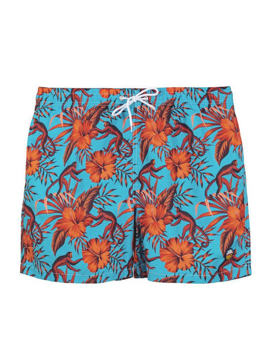 Hellblaue Herren-Badehose mit Blumen und Affen