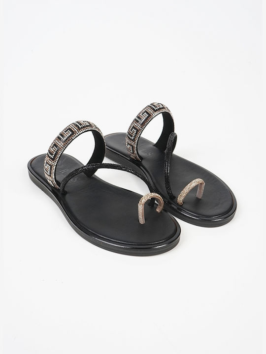 Piazza Shoes Leather Women's Flat Sandals in Black Color