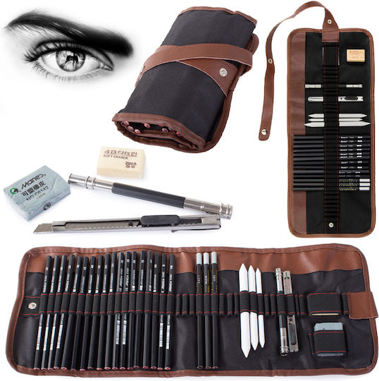 Set de Unelte pentru Schițare Zola Cutie de Depozitare din Lemn Negru Maro 29 Piese