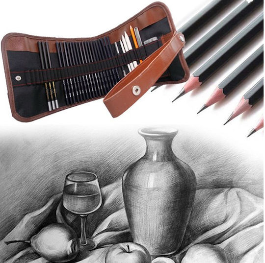 Set de Unelte pentru Schițare Zola Cutie de Depozitare din Lemn Negru Maro 29 Piese
