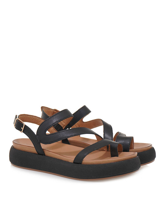 Tsakiris Mallas Leather Women's Flat Sandals in Black Color