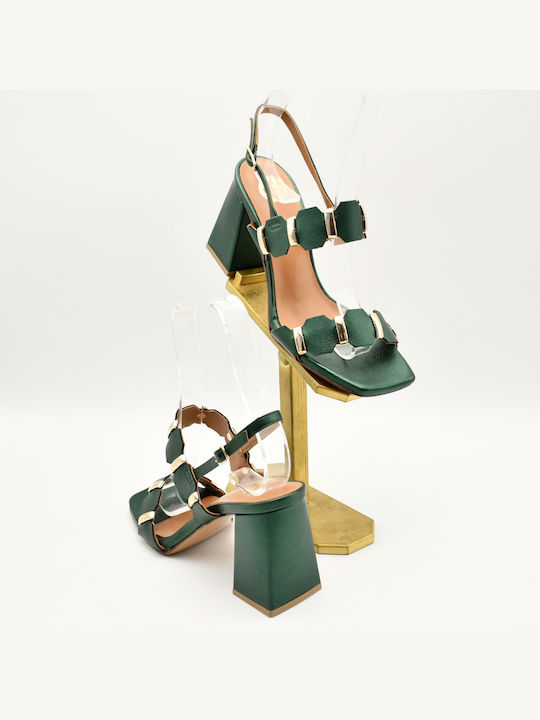 Chaniotakis Leather Women's Sandals Green with Chunky High Heel