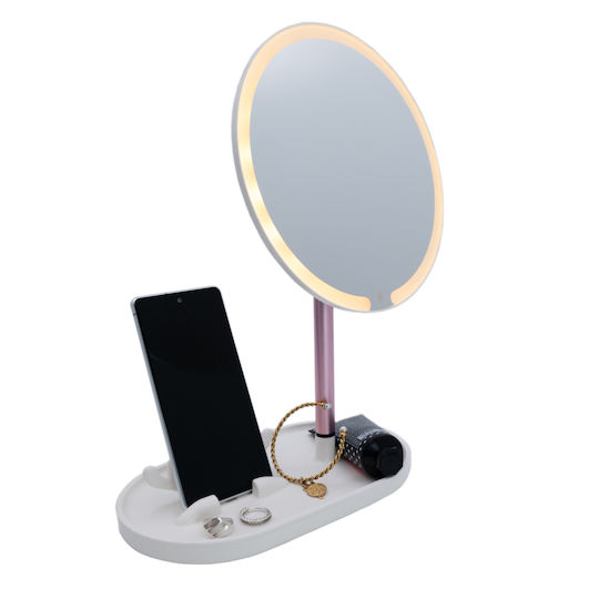 Tabletop LED Lighted Makeup Mirror Round with Phone Holder, Adjustable Mirror and Lighting Angle, USB Cable Connection 24x14x35cm