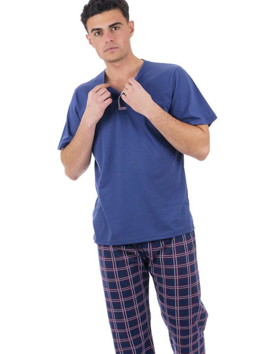 Dustin Men's Summer Cotton Pajamas Set Blue