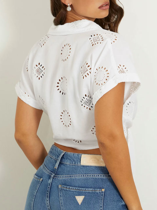 Short Sleeve Women's Satin Shirt White Monochrome