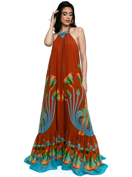 Long Boho Handmade Dress with Neck Tie Vibrant Floral Designs