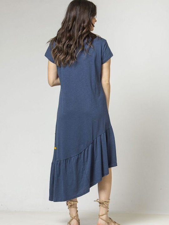 Simple Fashion Dress with Ruffle Blue