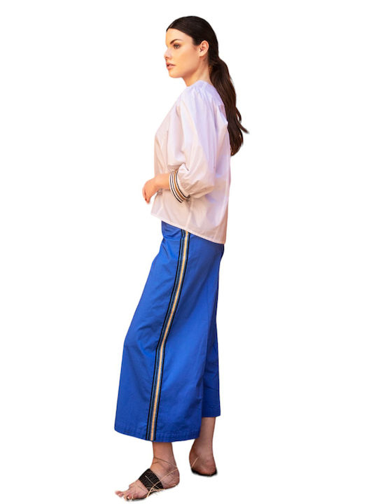 Pantaloni largi Aggel W din poplin cu detalii tricotate SS44007KF-1073 albastru