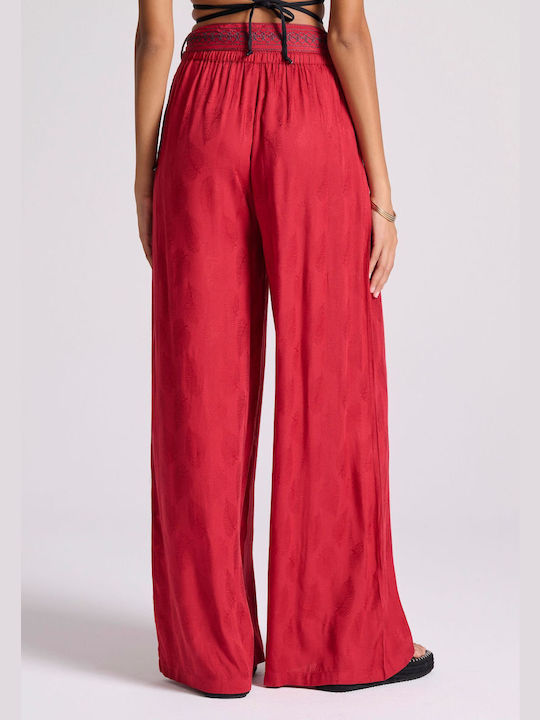 Funky Buddha Women's Fabric Trousers with Elastic Red