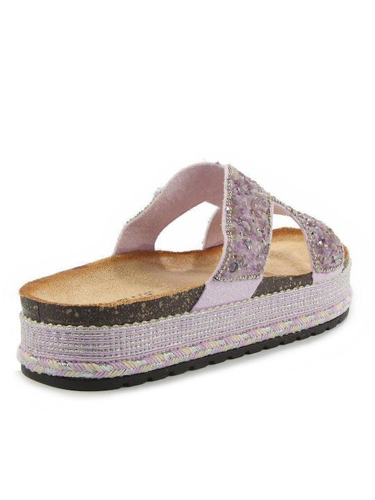 Παντόφλα Flatform Διακοσμητικές Πέτρες Fshoes Ls086.12 Fshoes Μωβ