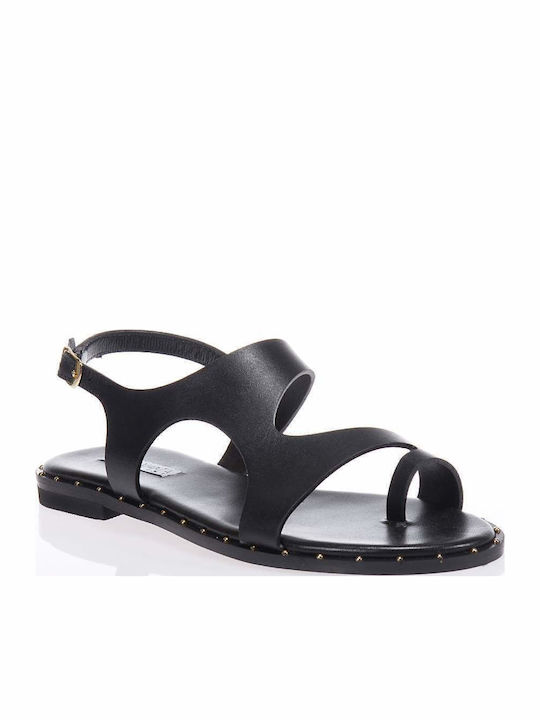 Leather Women's Flat Sandals in Black Color