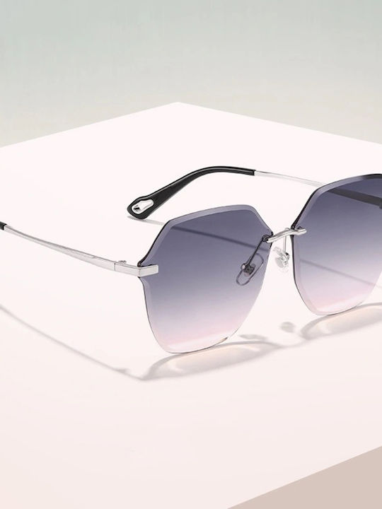 Techsuit Women's Sunglasses with Silver Metal Frame and Purple Gradient Mirror Lens