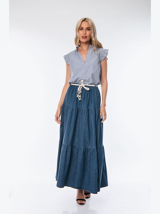 Fustă lungă din denim cu curea, albastră