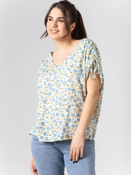 Simple Fashion Women's Blouse with V Neckline Floral Ecru